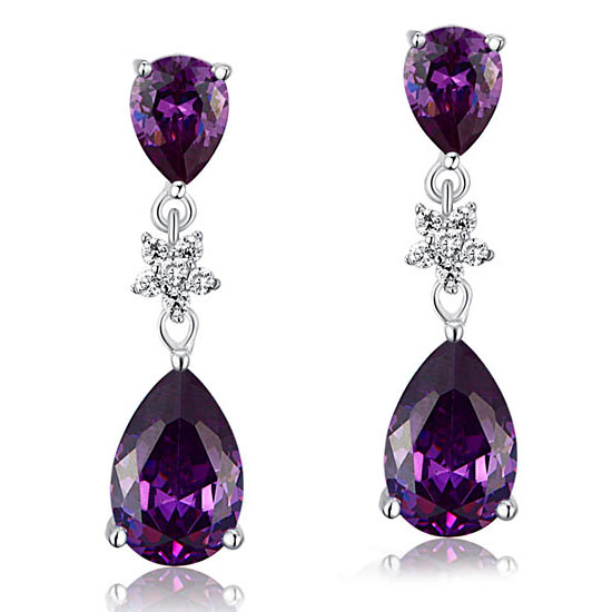 3.5 Carat Purple Pear Cut Simulated Sapphire 925 Sterling Silver Dangle Earrings - View 2 | SelinJewels