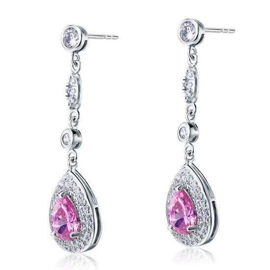 1.5 Carat Pear Cut Pink Simulated Sapphire 925 Sterling Silver Dangle Earrings - View 4 | SelinJewels