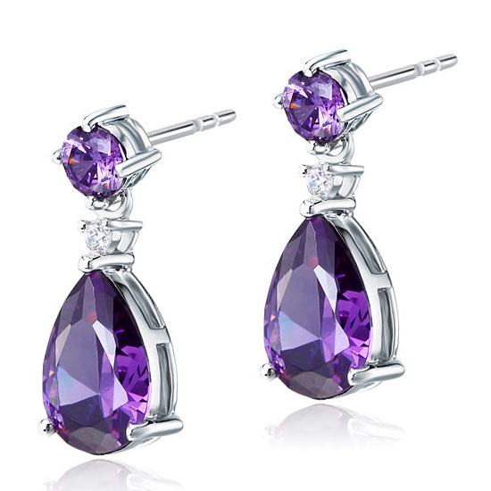 3 Carat Pear Cut Simulated Purple Sapphire 925 Sterling Silver Dangle Earrings - View 3 | SelinJewels