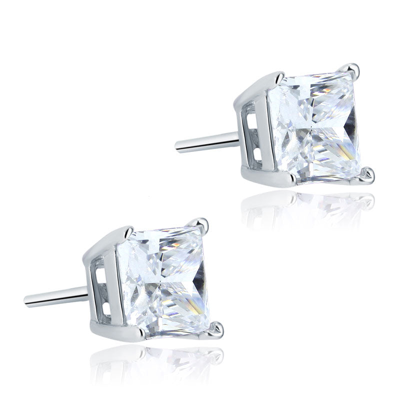 925 Sterling Silver Stud Earrings 1 Carat Princess Cut Simulated Diamond - View 6 | SelinJewels