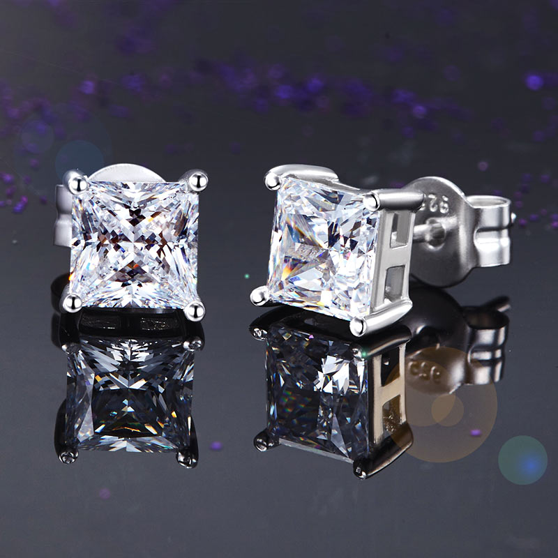 925 Sterling Silver Stud Earrings 1 Carat Princess Cut Simulated Diamond - View 3 | SelinJewels