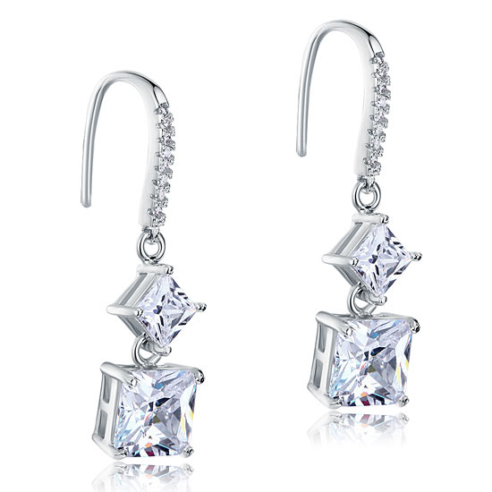 2 Carat Princess Cut Simulated Diamond Dangle Drop 925 Sterling Silver Earrings - View 4 | SelinJewels