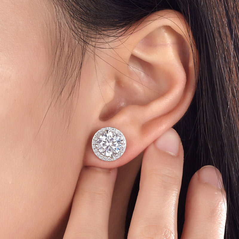2 Carat Round Cut Simulated Diamond Halo Stud 925 Sterling Silver Earrings - View 2 | SelinJewels