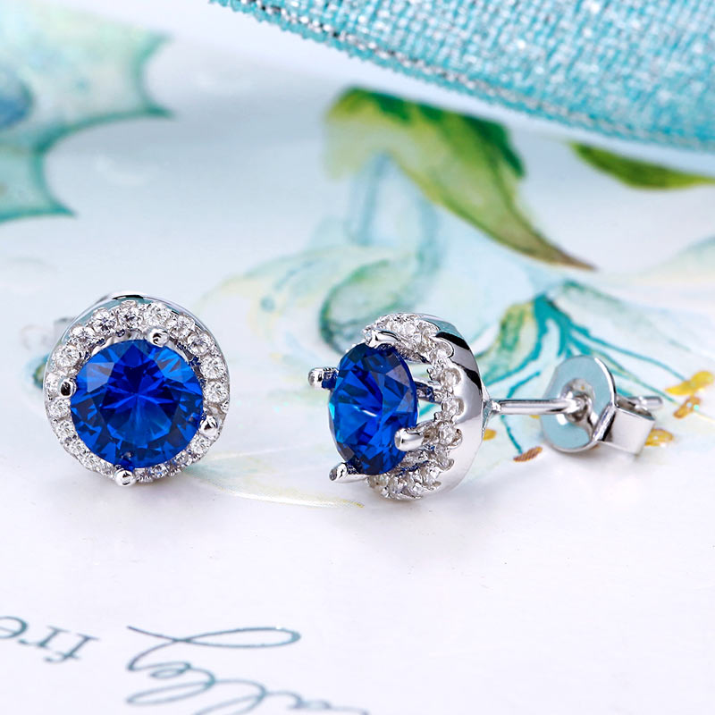 Navy Blue Simulated Sapphire Stud Earrings 925 Sterling Silver Jewelry - View 5 | SelinJewels