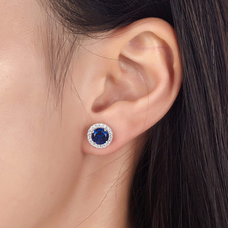 Navy Blue Simulated Sapphire Stud Earrings 925 Sterling Silver Jewelry - View 2 | SelinJewels