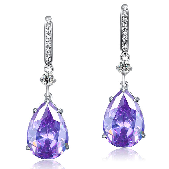 Purple Pear Simulated Sapphire 925 Sterling Silver Dangle Hook Earrings - View 2 | SelinJewels