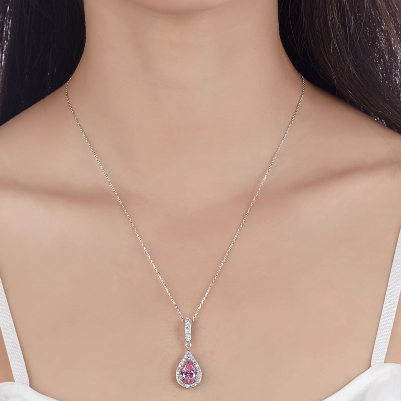 The Blush Set - pink pear necklace model view