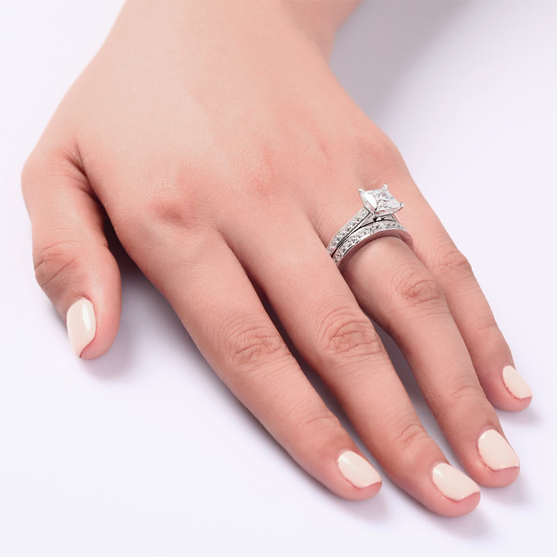 1.5 Carat Princess Cut Simulated Diamond 2-Pcs Ring Set - View 2 | SelinJewels