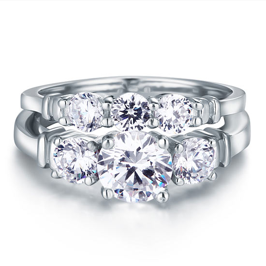 Simulated Diamond 2-Pc Solid Sterling Silver Ring Set - View 3 | SelinJewels