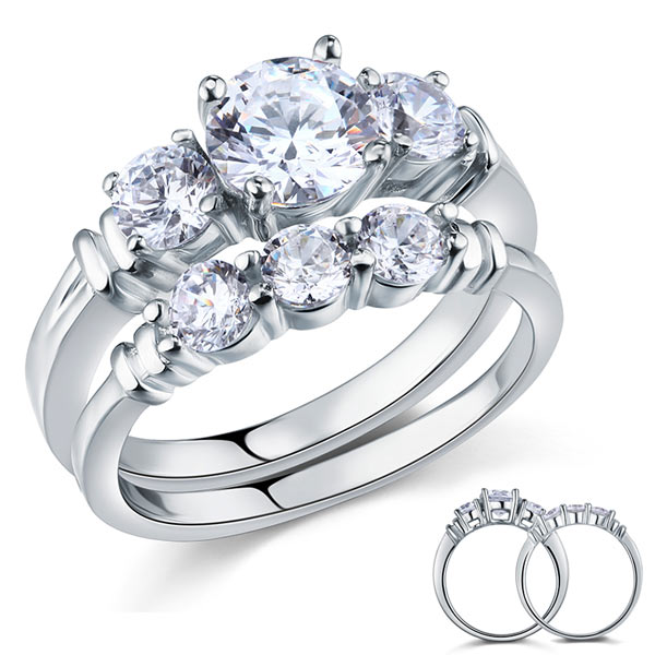 Simulated Diamond 2-Pc Solid Sterling 925 Silver Ring Set | SelinJewels
