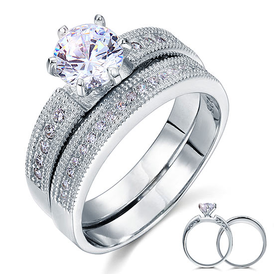 Vintage Style 1.25 Carat Simulated Diamond Sterling 925 Silver 2-Pc Bridal Ring Set | SelinJewels