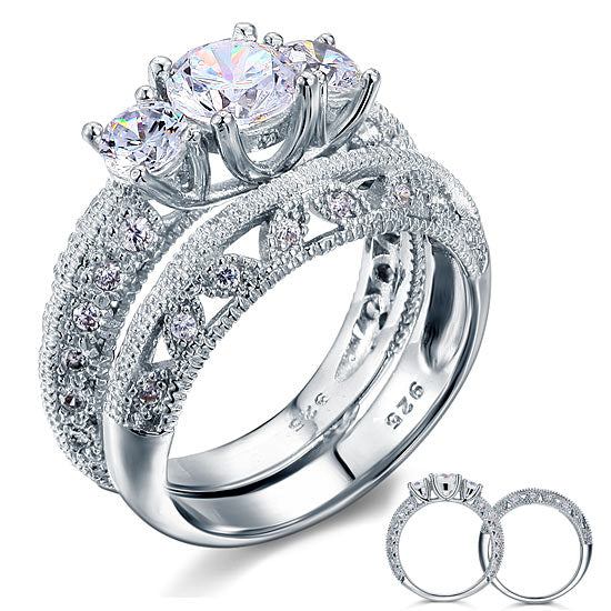 Vintage Victorian Art Deco 1.5 Carat Simulated Diamond Sterling 925 Silver 2-Pcs Ring Set | SelinJewels