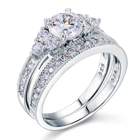 Vintage Style 1 Carat Simulated Diamond 2-Pc Ring Set - View 5 | SelinJewels
