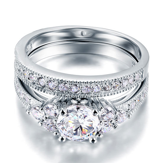 Vintage Style 1 Carat Simulated Diamond 2-Pc Ring Set - View 4 | SelinJewels