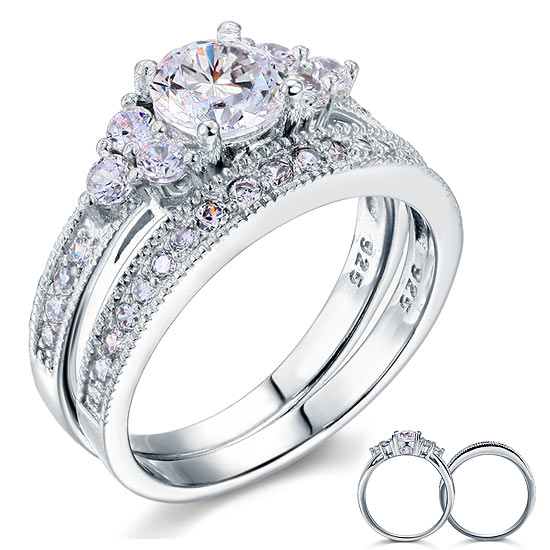 Vintage Style 1 Carat Simulated Diamond Sterling 925 Silver 2-Pc Engagement Ring Set | SelinJewels