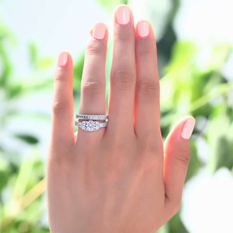 Vintage Style 1 Carat Simulated Diamond 2-Pc Ring Set - View 2 | SelinJewels