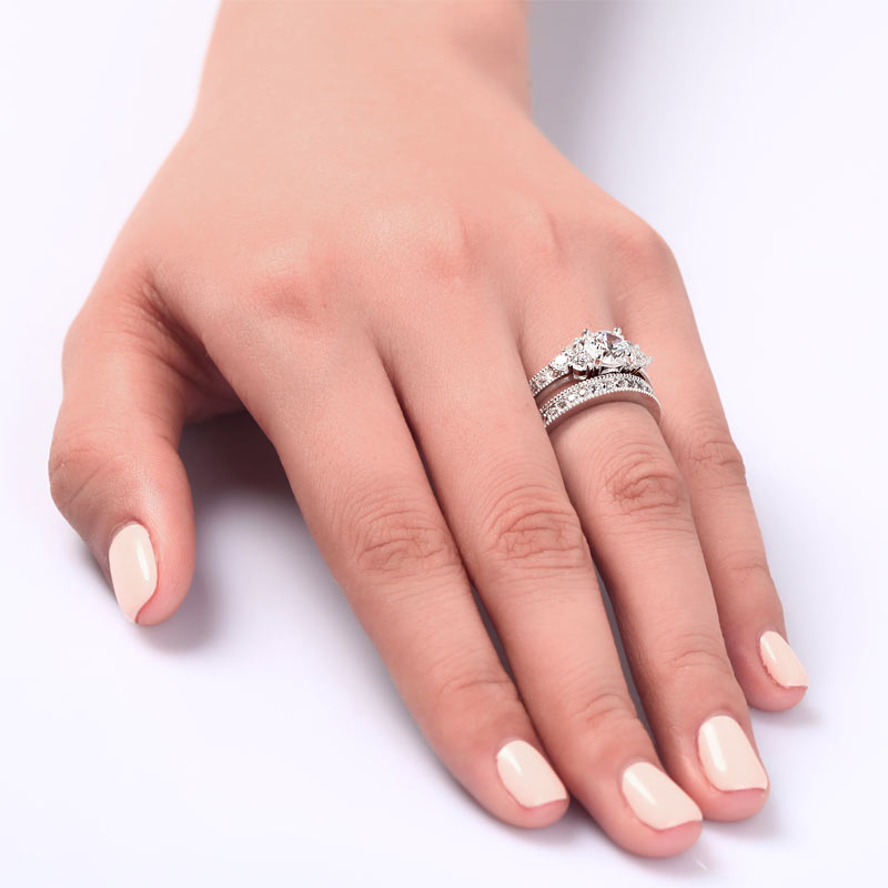 Vintage Style 1 Carat Simulated Diamond Solid Sterling 925 Silver 2-Pc Wedding Engagement Ring Set