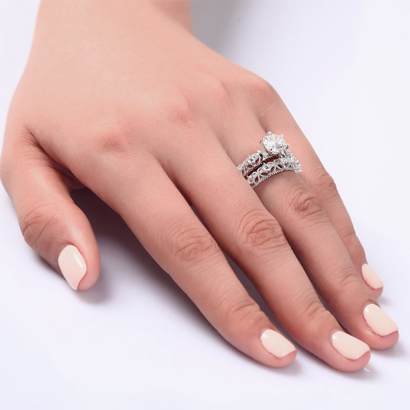 Vintage Style Victorian Art Deco 1.25 Carat Simulated Diamond Solid Sterling 925 Silver 2-Pcs Wedding Engagement Ring Set