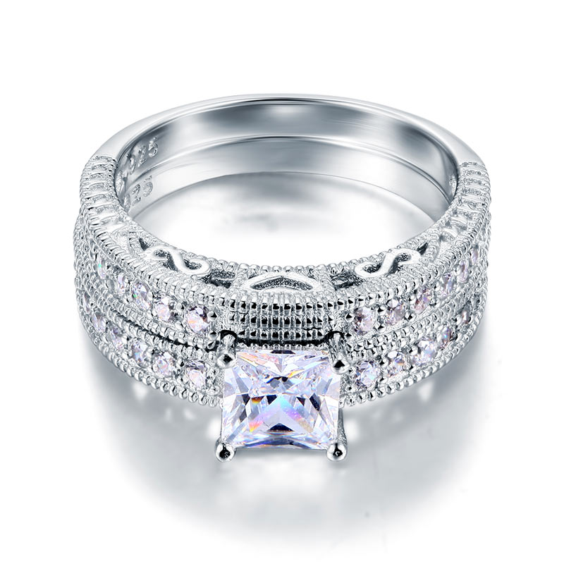 Vintage Style Victorian Art Deco 1 Carat Simulated Diamond Solid Sterling 925 Silver 2-Pc Wedding Engagement Ring Set