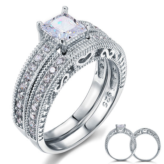 Vintage Victorian Art Deco 1 Carat Simulated Diamond Sterling 925 Silver 2-Pc Ring Set | SelinJewels