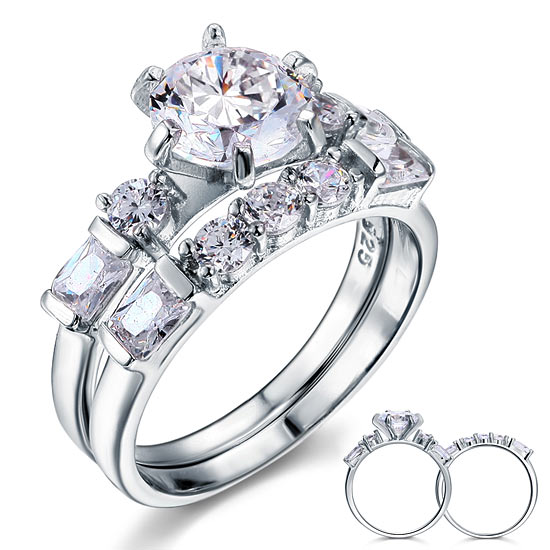 Vintage Style 2 Carat Simulated Diamond Sterling 925 Silver 2-Pc Engagement Ring Set | SelinJewels