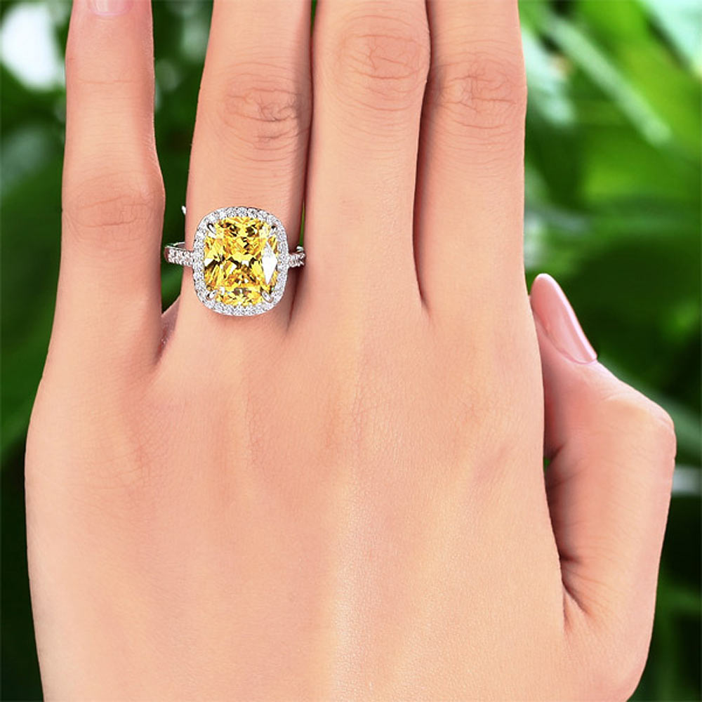 Solid 925 Sterling Silver Luxury Engagement Ring 6 Ct Cushion Cut Yellow Canary Simulated Diamante Jewelry