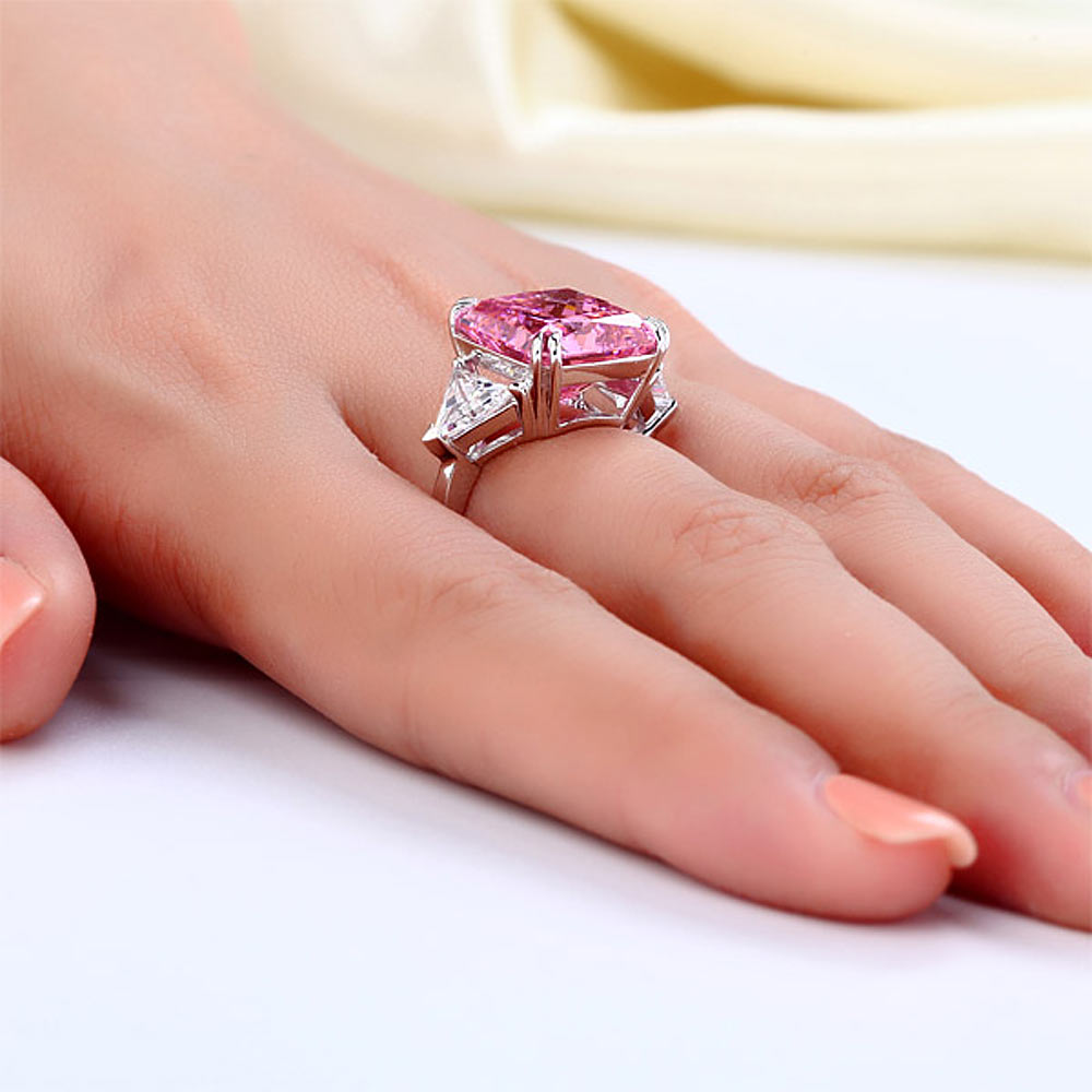 925 Sterling Silver Three-Stone Luxury Ring 8 Carat Fancy Pink Simulated Diamond