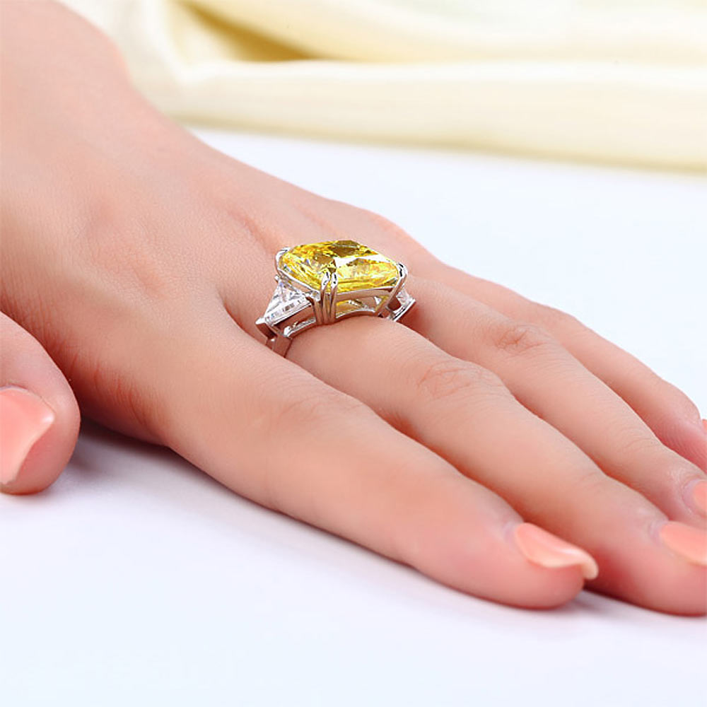 Solid 925 Sterling Silver Three-Stone Luxury Ring 8 Carat Yellow Canary Simulated Diamond
