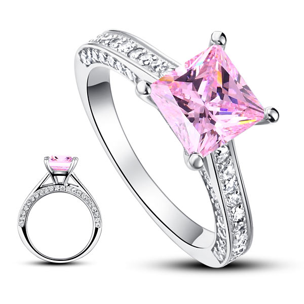 1.5 Carat Princess Cut Fancy Pink Simulated Diamond 925 Sterling Silver Engagement Ring | SelinJewels