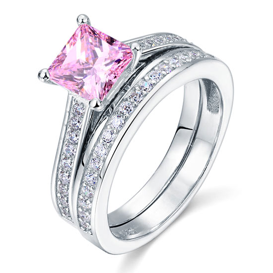 1.5 Carat Princess Cut Fancy Pink 2-Pc Ring Set - View 5 | SelinJewels