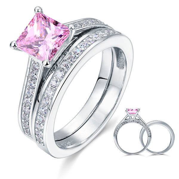 1.5 Carat Princess Cut 2-Pc Fancy Pink Simulated Diamond 925 Sterling Silver Ring Set | SelinJewels