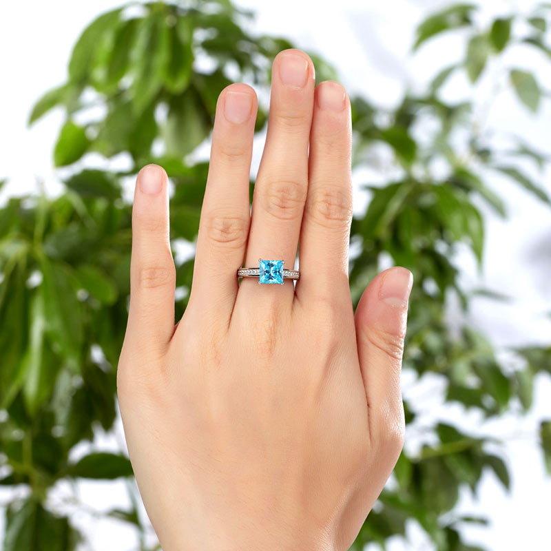 1.5 Carat Princess Cut Fancy Blue Simulated Diamond Engagement Ring - View 2 | SelinJewels