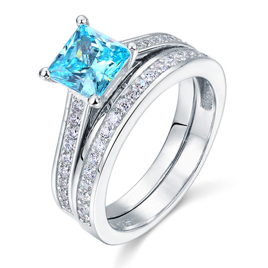 1.5 Carat Princess Cut Fancy Blue 2-Pcs Ring Set - View 5 | SelinJewels