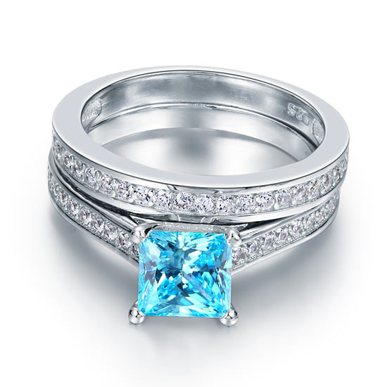 1.5 Carat Princess Cut Fancy Blue 2-Pcs Ring Set - View 3 | SelinJewels
