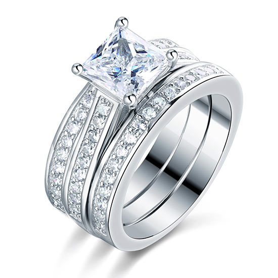 925 Sterling Silver 3 Pcs Wedding Engagement Ring Set Simulated Diamond