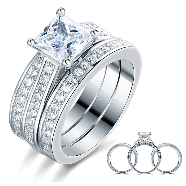 925 Sterling Silver 3-Pcs Wedding Engagement Ring Set Simulated Diamond | SelinJewels