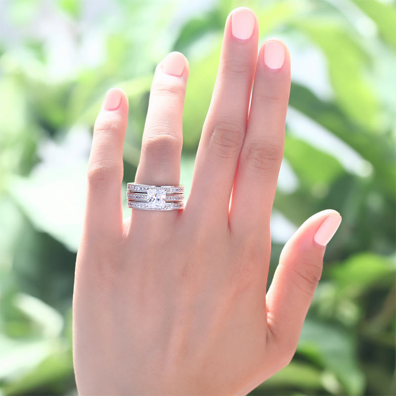 925 Sterling Silver 3-Pcs Wedding Engagement Ring Set - View 2 | SelinJewels