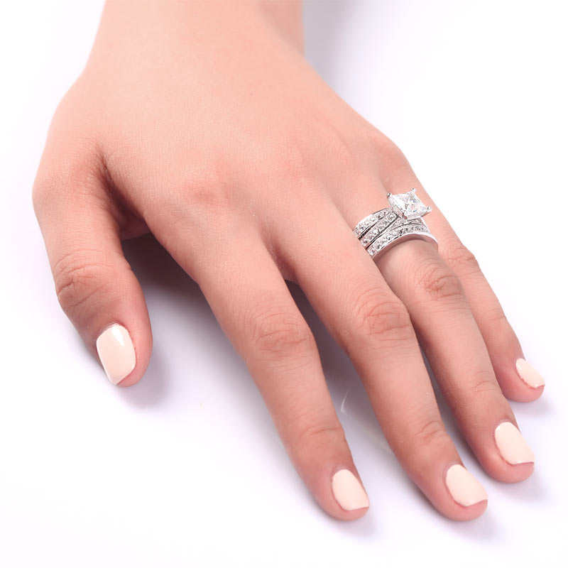 925 Sterling Silver 3-Pcs Wedding Engagement Ring Set - View 4 | SelinJewels