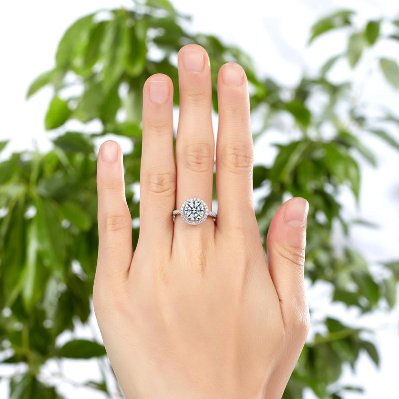 925 Sterling Silver Halo Ring 2 Carat Simulated Diamond - View 2 | SelinJewels