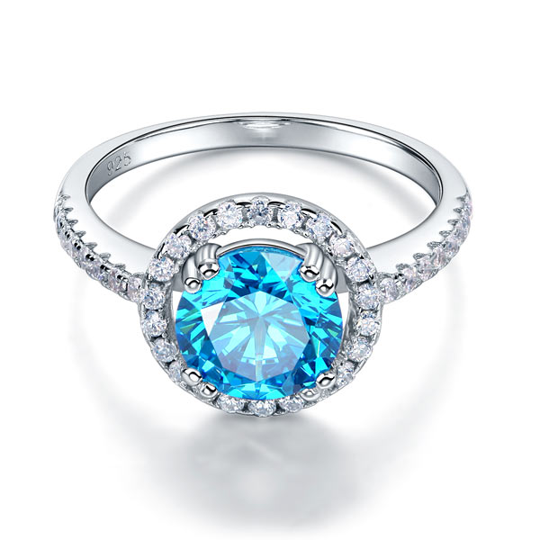 925 Sterling Silver Halo Ring Fancy Blue Simulated Diamond - View 3 | SelinJewels