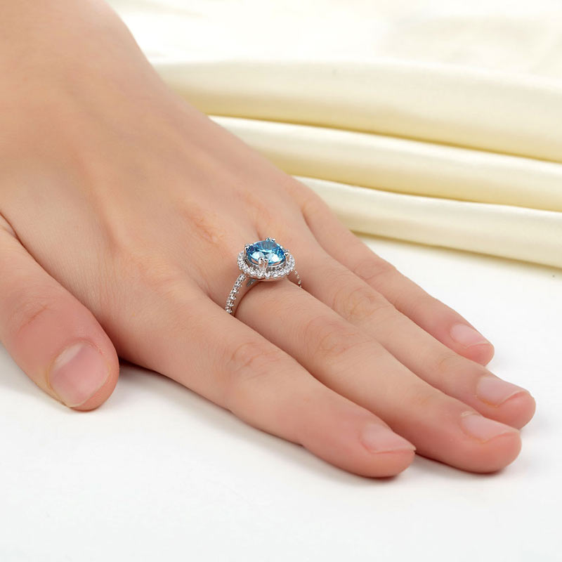 925 Sterling Silver Halo Ring Fancy Blue Simulated Diamond - View 6 | SelinJewels