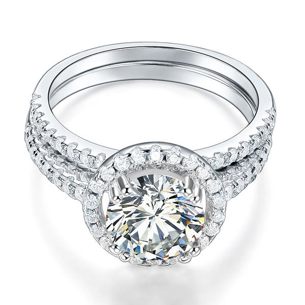 925 Sterling Silver Wedding Halo Ring Set - View 3 | SelinJewels