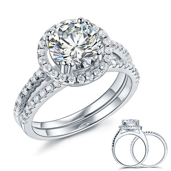 925 Sterling Silver Wedding Halo Ring Set 2 Carat Simulated Diamond | SelinJewels