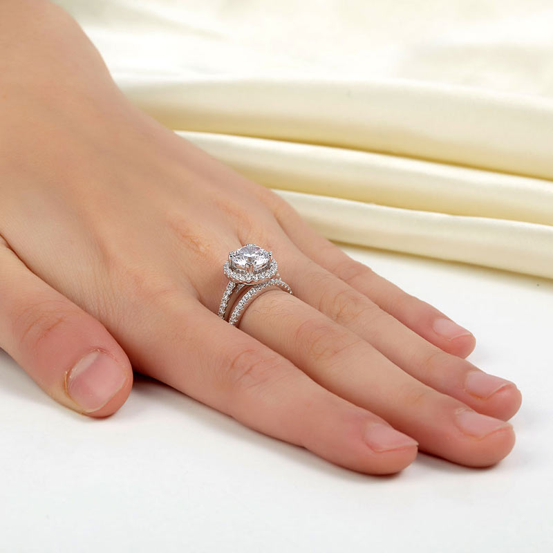 925 Sterling Silver Wedding Halo Ring Set - View 2 | SelinJewels