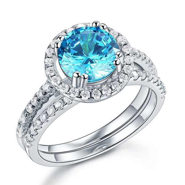 925 Sterling Silver Halo Ring Set Blue Diamond - View 7 | SelinJewels