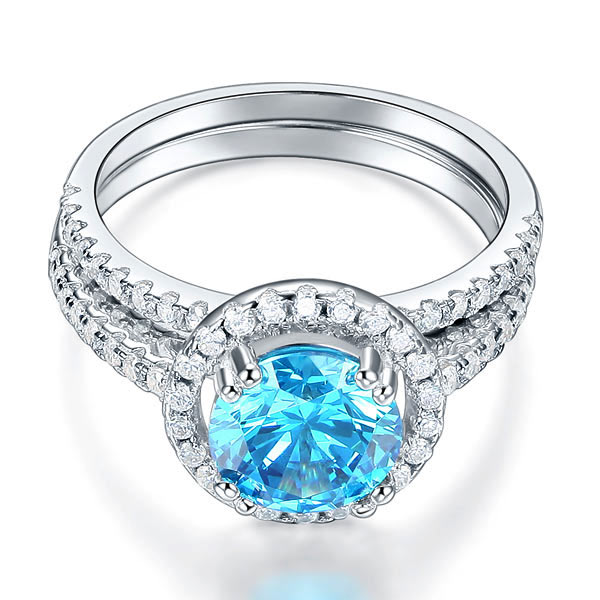 925 Sterling Silver Halo Ring Set Blue Diamond - View 3 | SelinJewels