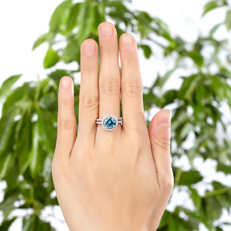 925 Sterling Silver Halo Ring Set Blue Diamond - View 2 | SelinJewels