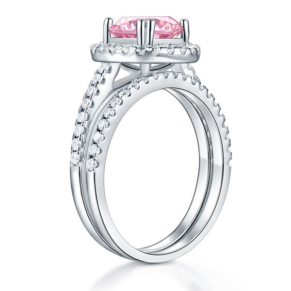 925 Sterling Silver Halo Ring Set Pink Diamond - View 4 | SelinJewels