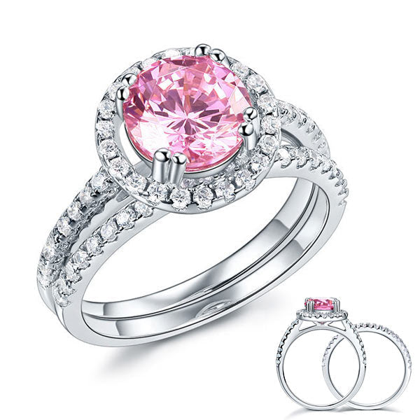 925 Sterling Silver Halo Ring Set 2 Carat Pink Simulated Diamond | SelinJewels
