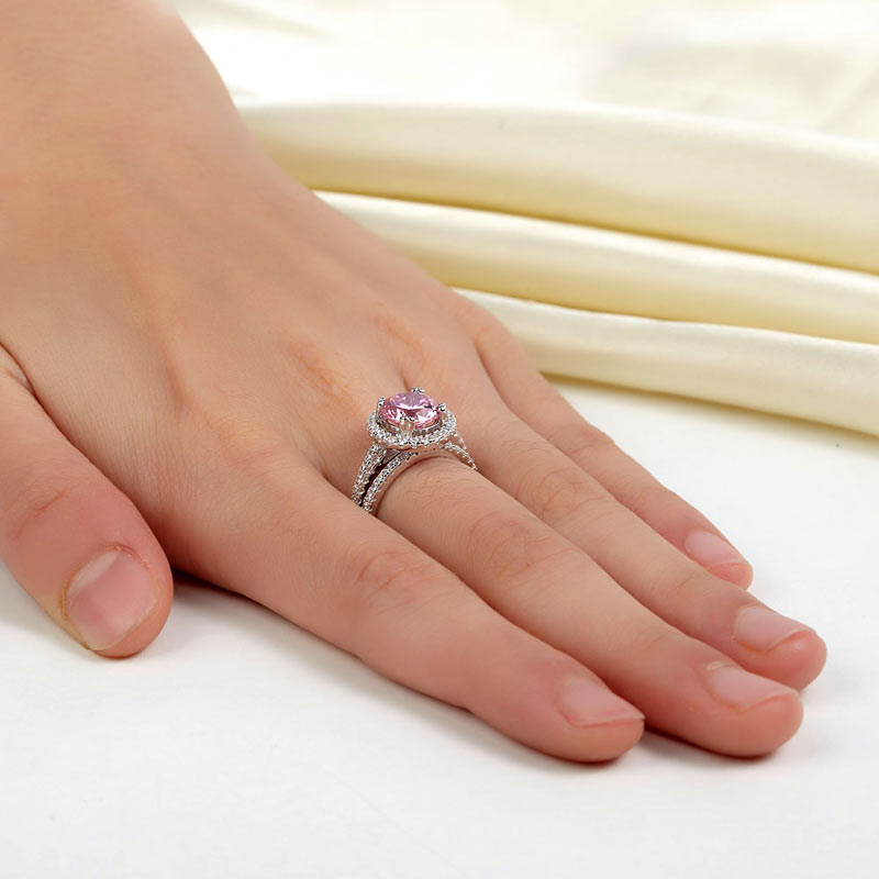 925 Sterling Silver Halo Ring Set Pink Diamond - View 6 | SelinJewels